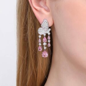Pink diamond butterfly tassel earrings wearing effect