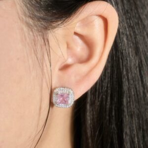 Pink cube halo earrings wearing effect