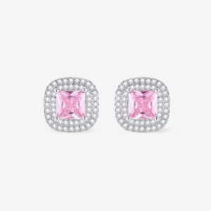 A pair of elegant earrings featuring square pink gemstones surrounded by a halo of small sparkling diamonds, set in a shiny silver metal on a white background.
