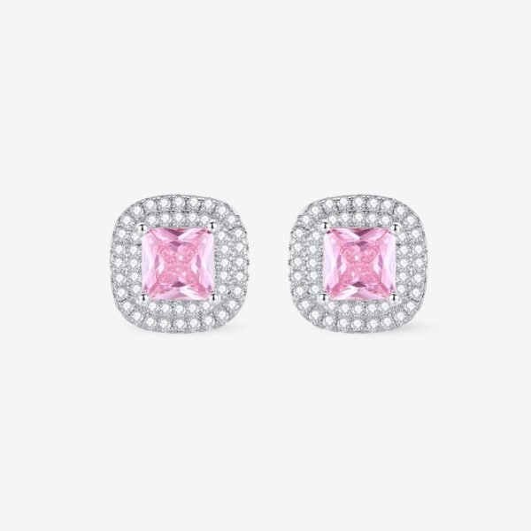 A pair of elegant earrings featuring square pink gemstones surrounded by a halo of small sparkling diamonds, set in a shiny silver metal on a white background.