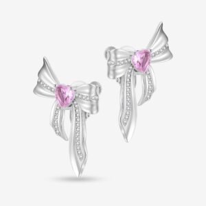 Silver earrings shaped like bows, adorned with sparkling crystals and featuring a pink heart-shaped gem in the center. The design is delicate and elegant.
