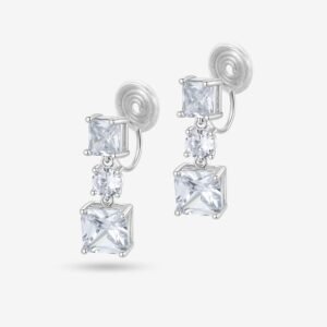 A pair of elegant silver earrings with square and round clear gemstones, featuring a swirled silver backing and a drop design against a white background.