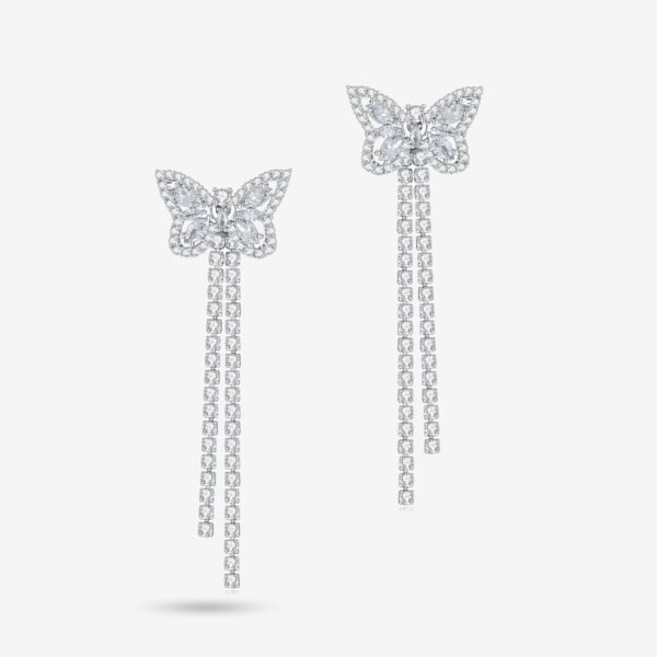 Elegant silver butterfly earrings with sparkling gemstones. Each earring features a butterfly design and two long, dangling strands adorned with small, glittering stones, set against a plain white background.