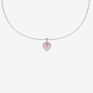 A delicate silver necklace with a heart-shaped pendant. The pendant features a pink gemstone surrounded by smaller clear gemstones, offering a sparkling, elegant design against a plain white background.