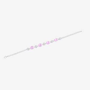 A silver bracelet with alternating pink gemstones and circular diamond-like accents, displayed on a white background.