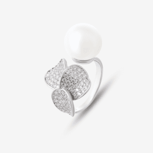A silver ring featuring a large white pearl and three leaf-shaped embellishments adorned with small sparkling crystals. The ring has an elegant, floral-inspired design against a plain white background.