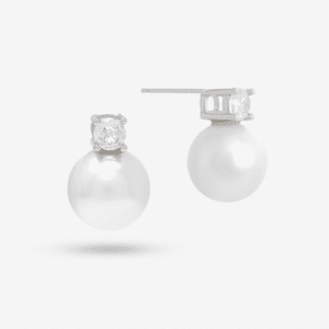 A pair of elegant pearl earrings with diamond studs on a white background.